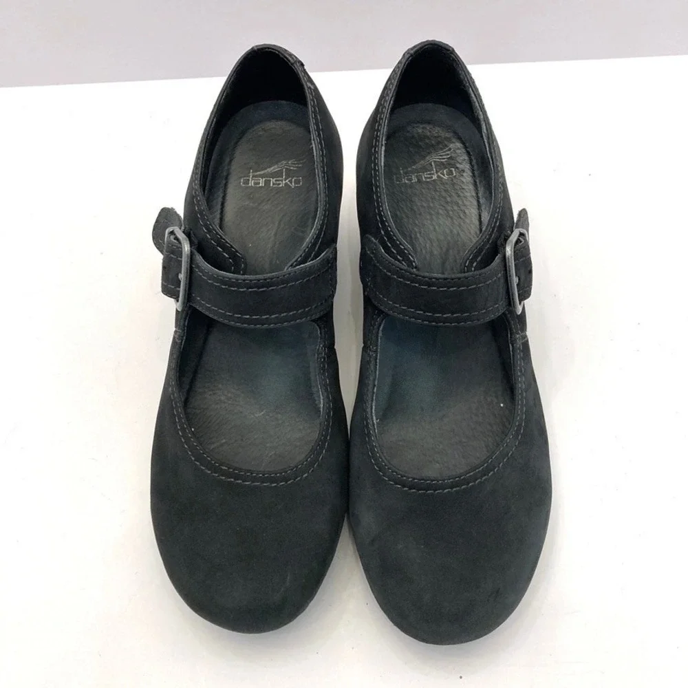 Dansko Sandra Black Nubuck Leather Wedge Heel Mary Jane Womens 7.5 EU38